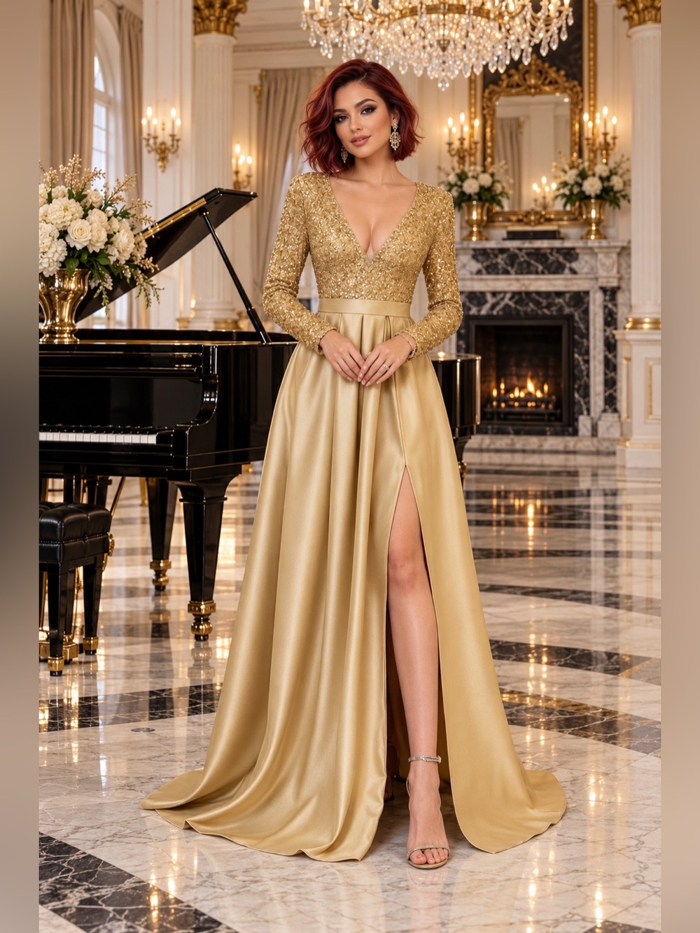NWOT Gold Sequin Long Sleeve Satin A-Line Formal Military Gala Gown Sz M
